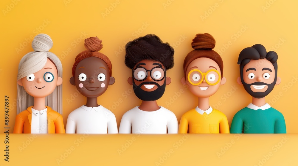 This image shows a group of five animated people with various ...