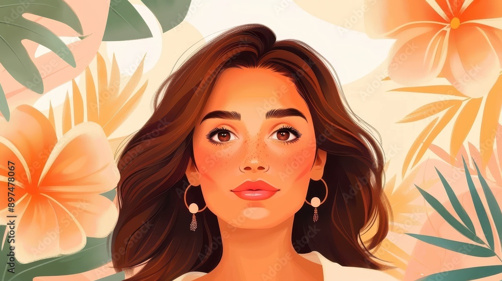 A detailed close-up illustration featuring a woman with expressive eyes against a vibrant floral background. The image portrays warmth and beauty with its soft colors. A detailed close-up illustration featuring a woman with expressive eyes against a vibrant floral background. The image portrays warmth and beauty with its soft colors.