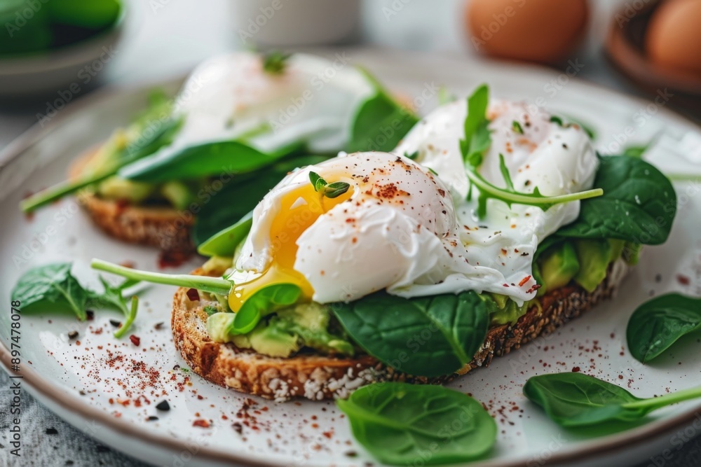Avocado toast with poached eggs on plate Avocado toast with poached eggs on plate
