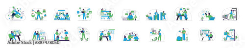 Mega set of blue and green concepts with people scene in flat cartoon design. A big collection of scenes with men and women in various situations. Vector illustration.