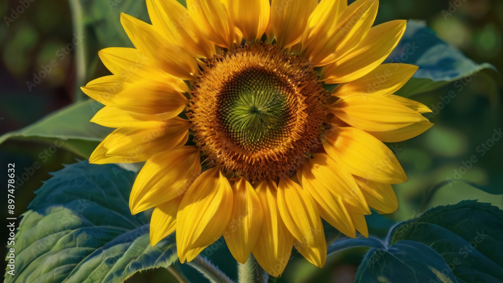 Obraz premium Bright, sunny sunflower close-up. Golden petals surround the dark heart of the flower, creating an impressive and cheerful composition