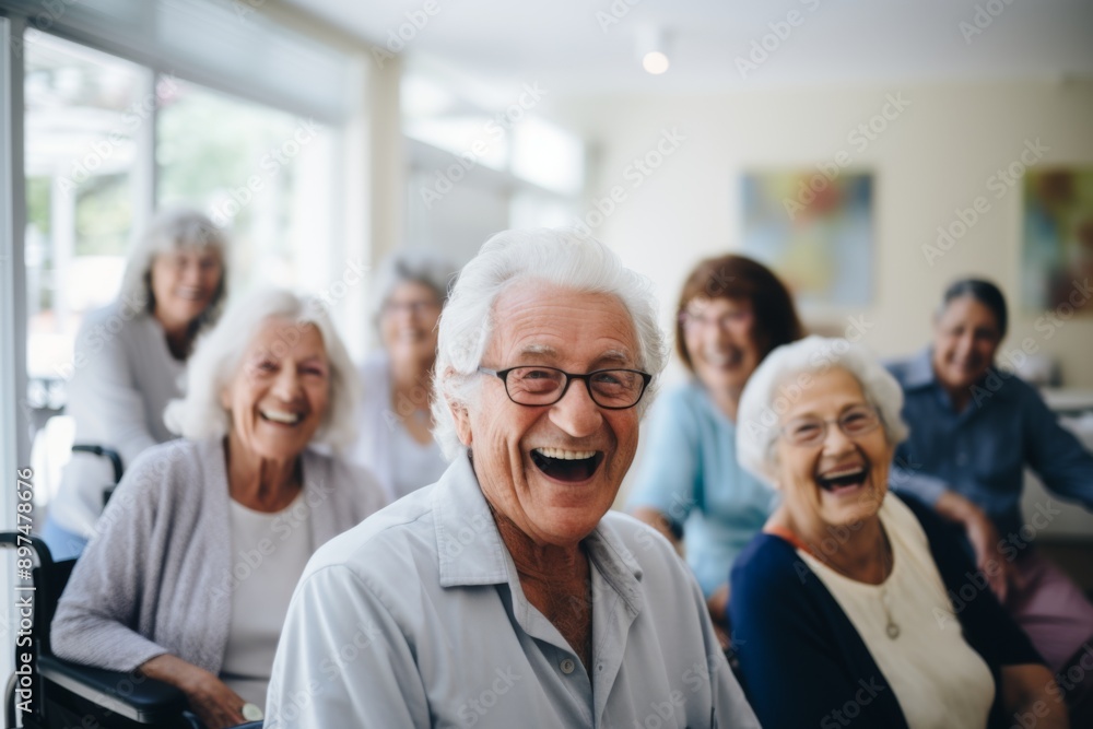 Portrait of a elderly group of seniors smiling in nursing home Portrait of a elderly group of seniors smiling in nursing home