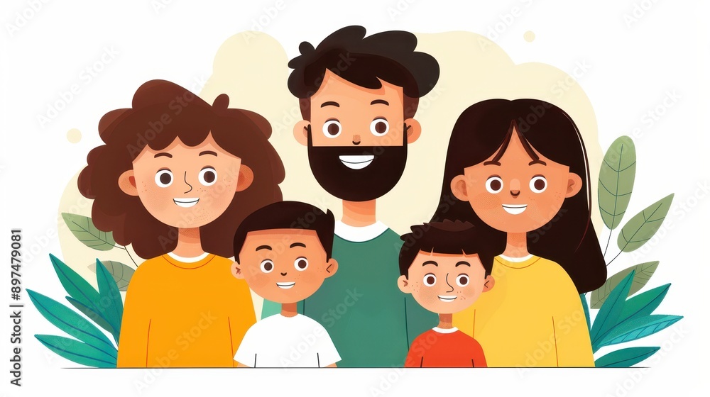 Illustration of a smiling family of five, featuring parents and three kids, with lush greenery in the background giving a vibrant and joyful setting. Illustration of a smiling family of five, featuring parents and three kids, with lush greenery in the background giving a vibrant and joyful setting.