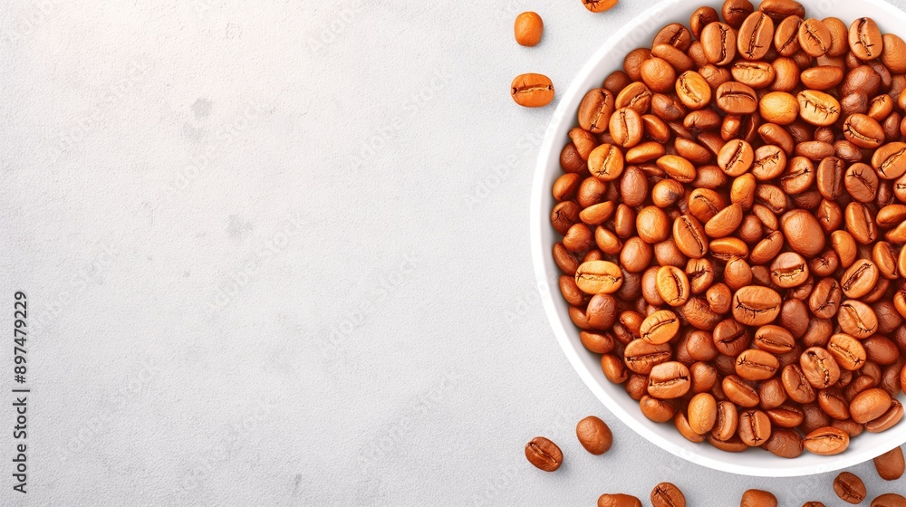 Bowl of coffee beans flat lay on white table top with copy space. Bowl of coffee beans flat lay on white table top with copy space.