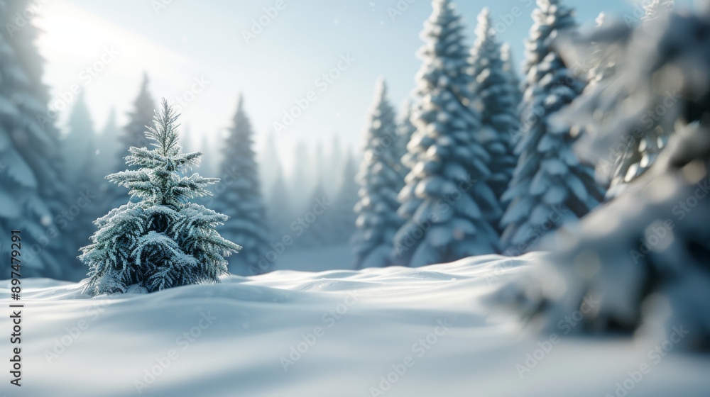 A small pine tree is standing in the snow in a forest A small pine tree is standing in the snow in a forest