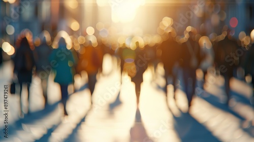 A blurry photo of a crowded city street with people walking and carrying bags