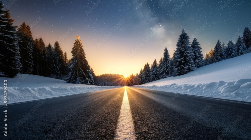 A road with a line painted down the middle and trees in the background A road with a line painted down the middle and trees in the background