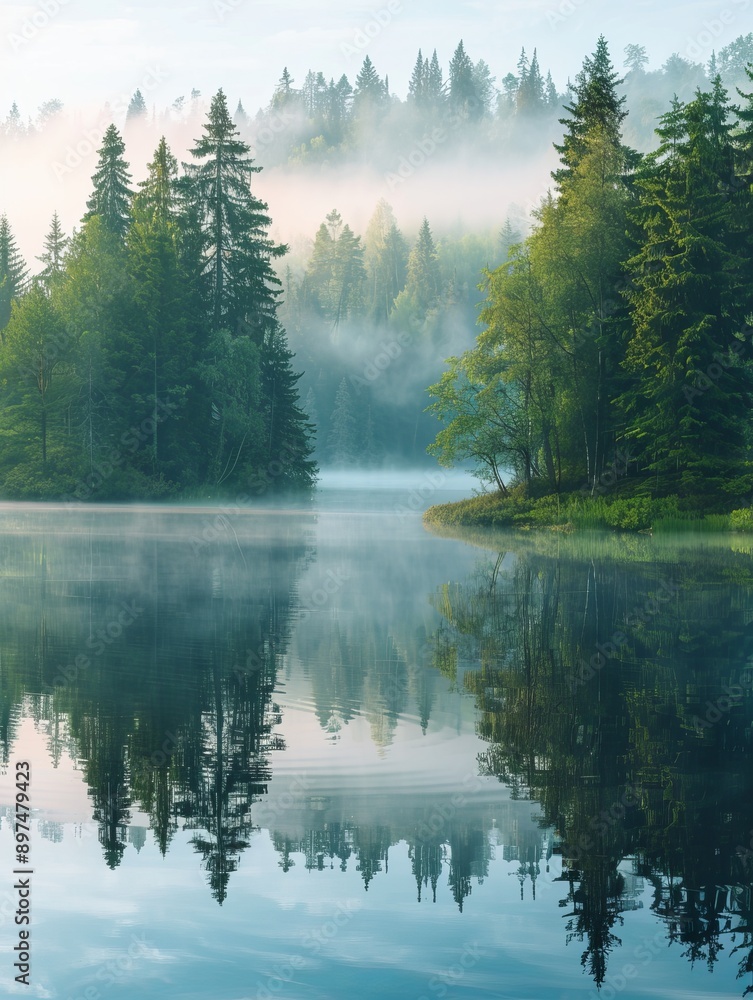 Fototapeta premium morning fog over a forest lake