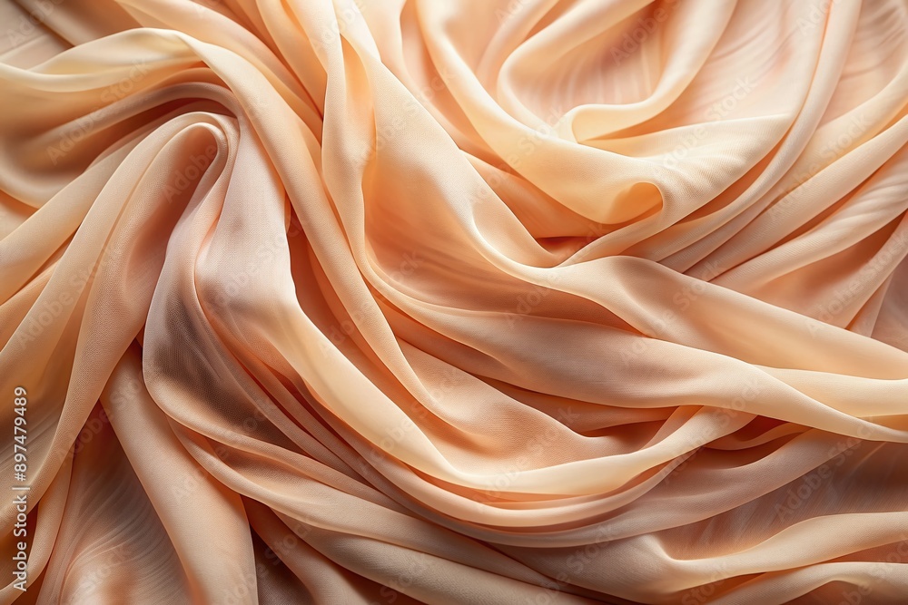 Soft peach fabric drapes elegantly, its flowing curves folding delicately, with a semi-transparent quality, as if lit from within, exuding subtlety and refined sophistication. Soft peach fabric drapes elegantly, its flowing curves folding delicately, with a semi-transparent quality, as if lit from within, exuding subtlety and refined sophistication.