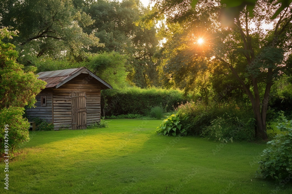 A small wooden shed sits in a lush green yard. The sun is shining brightly, casting a warm glow over the scene. The yard is well-maintained and inviting, with a sense of peace and tranquility A small wooden shed sits in a lush green yard. The sun is shining brightly, casting a warm glow over the scene. The yard is well-maintained and inviting, with a sense of peace and tranquility