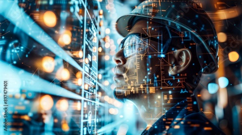 A man in safety glasses and a hard hat looks intently at a digital display, lit by colorful lights