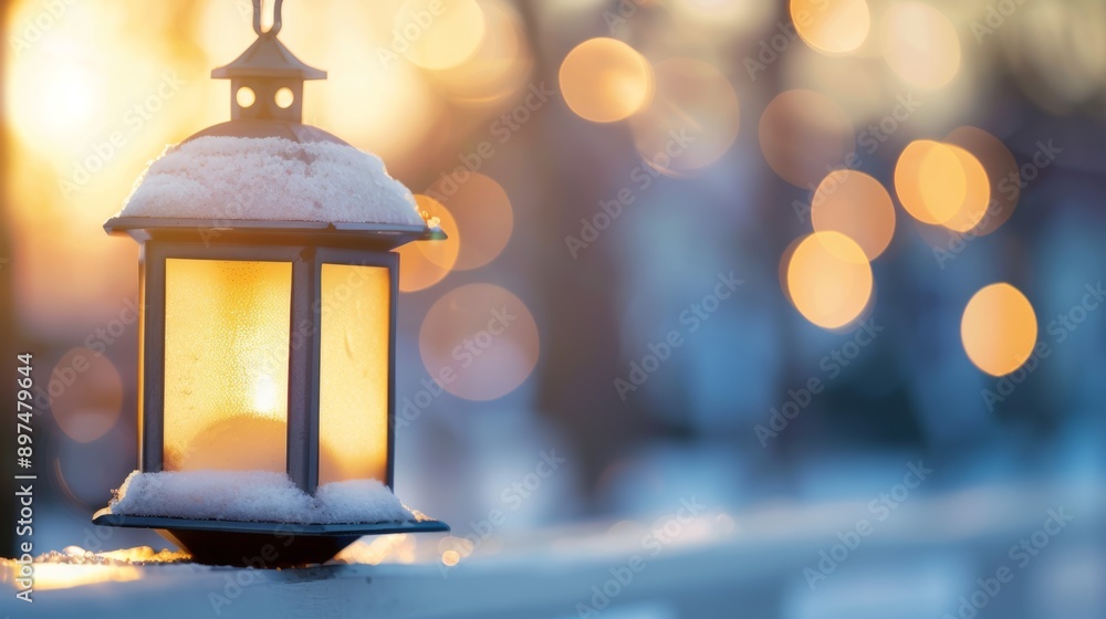 A lantern is lit up in the snow A lantern is lit up in the snow