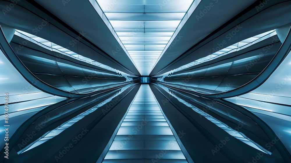 Obraz premium Futuristic empty hallway with ascending escalator and captivating light reflections patterns
