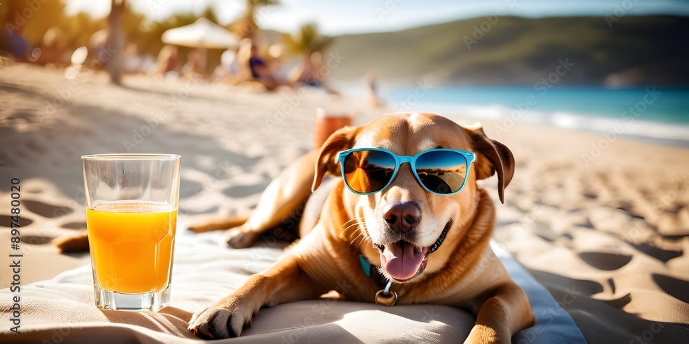 Obraz premium Happy dog with sunglasses, lying on the beach with a glass of orange juice, representing a joyful and relaxed vacation moment.