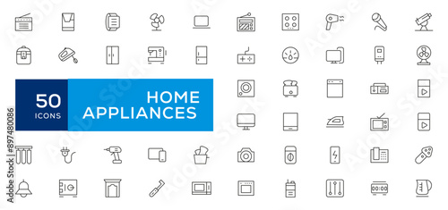 Home appliances and Household items simple line icon set. Editable stroke. icons for website. home symbols, furniture, kitchenware, Home appliances and electronics icons