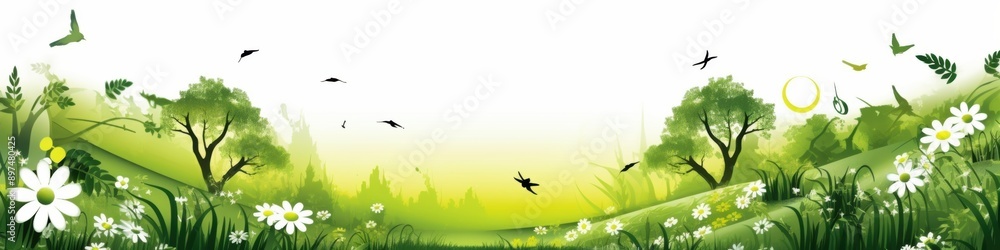 Obraz premium Whispers of Spring: A verdant valley bathed in the soft glow of dawn, adorned with wildflowers and buzzing with life.