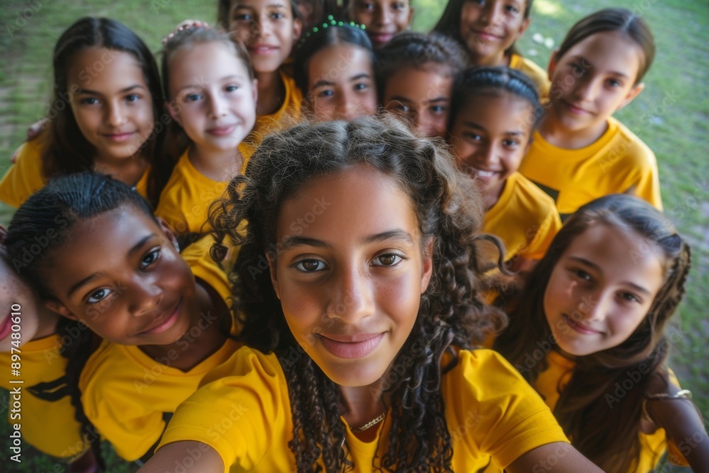 Diverse group of young girls with yellow shirts taking a selfie Diverse group of young girls with yellow shirts taking a selfie