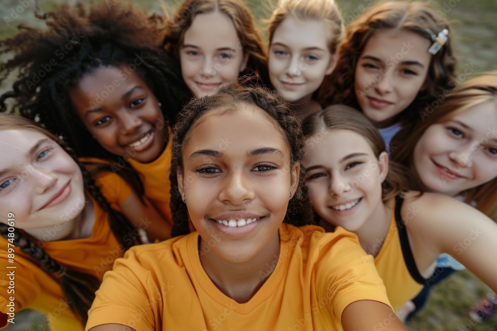 Fototapeta premium Diverse group of young girls with yellow shirts taking a selfie