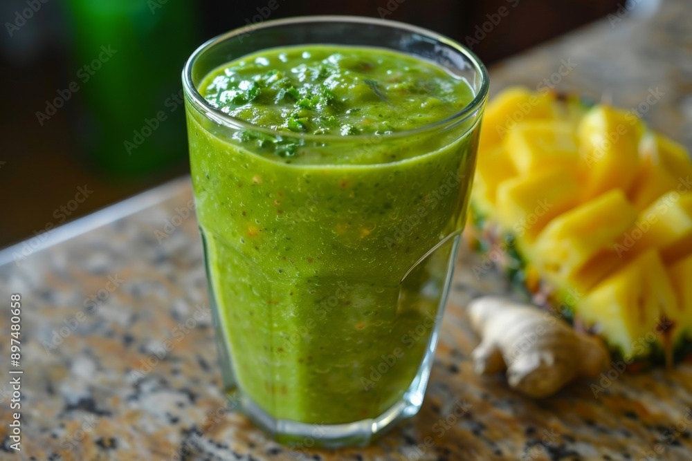 Spinach and avocado banana smoothie on countertop Spinach and avocado banana smoothie on countertop