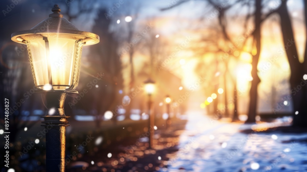 A street lamp is lit up in the snow A street lamp is lit up in the snow