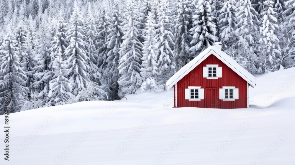 A red house is in the snow A red house is in the snow