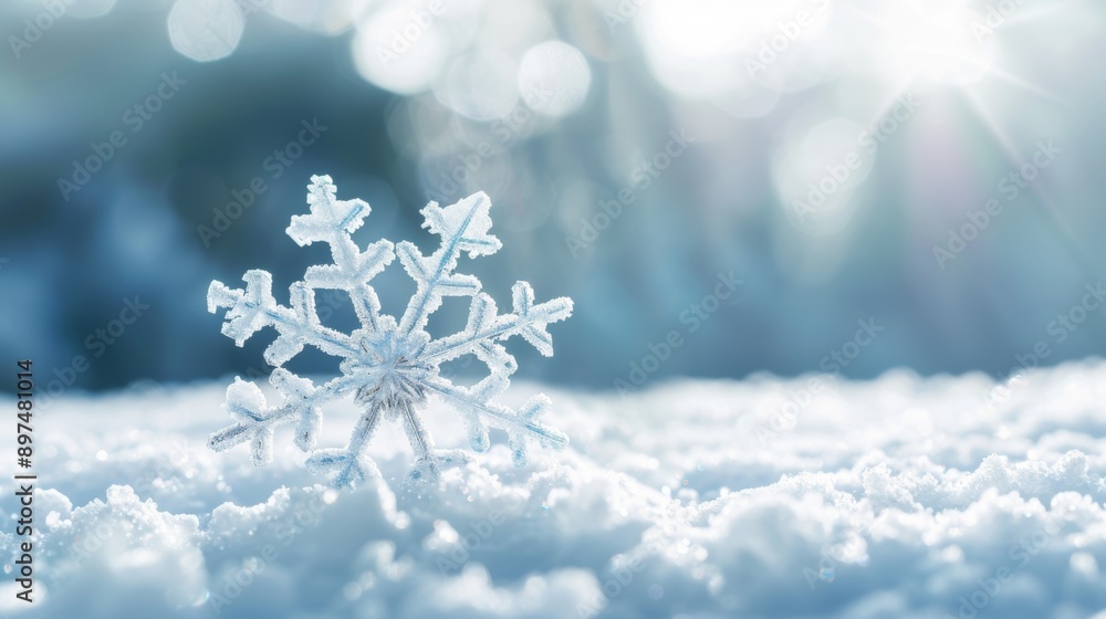 A snowflake is sitting on top of the snow A snowflake is sitting on top of the snow