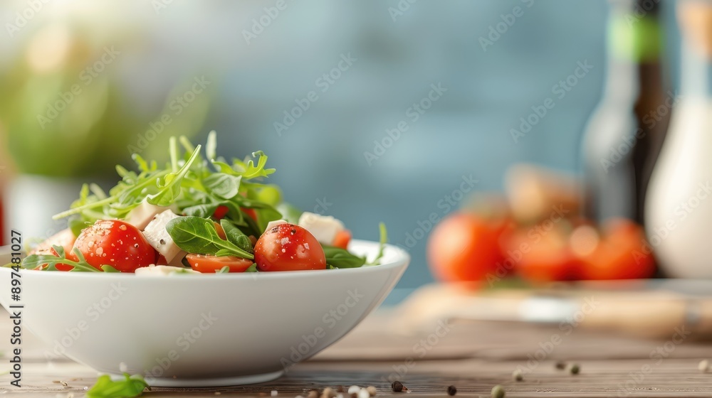 A fresh salad bowl filled with cherry tomatoes, leafy greens, and herbs, placed on a rustic wooden table with a blurred background, perfect for a healthy meal option. A fresh salad bowl filled with cherry tomatoes, leafy greens, and herbs, placed on a rustic wooden table with a blurred background, perfect for a healthy meal option.