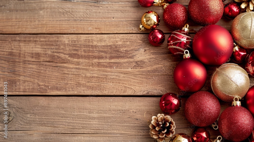 A wooden background with a bunch of red and gold Christmas ornaments A wooden background with a bunch of red and gold Christmas ornaments