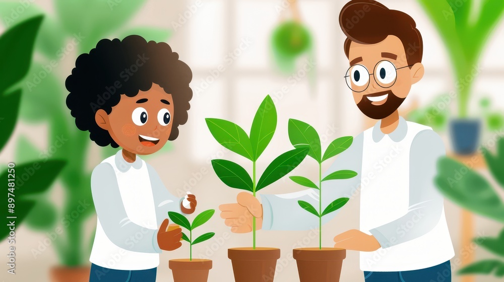 Two individuals are joyfully engaged in caring for their potted plants indoors. Their interaction and smiles reflect the shared happiness and the bonding experience through plant care. Two individuals are joyfully engaged in caring for their potted plants indoors. Their interaction and smiles reflect the shared happiness and the bonding experience through plant care.
