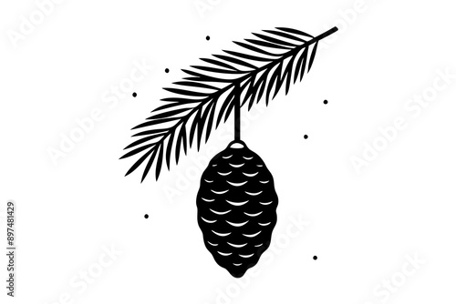 A fir branch with a cone hanging vector silhouette 