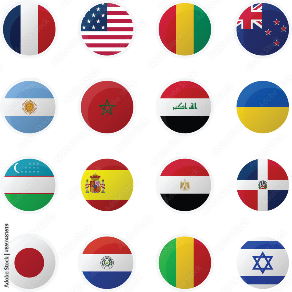 Participants of the men's football tournament 2024 in France. National football teams with round flag icons. Participants of the men's football tournament 2024 in France. National football teams with round flag icons.