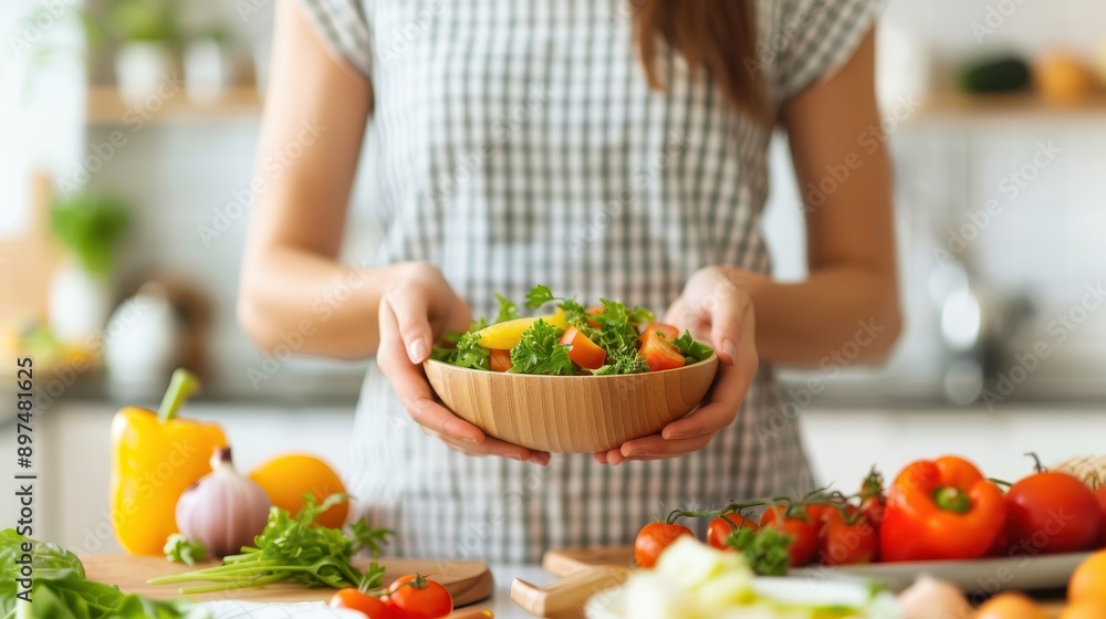A person in a checkered shirt holding a bowl of fresh vegetable salad in a kitchen, surrounded by colorful ingredients like bell peppers, tomatoes, and herbs, ready for a healthy meal. A person in a checkered shirt holding a bowl of fresh vegetable salad in a kitchen, surrounded by colorful ingredients like bell peppers, tomatoes, and herbs, ready for a healthy meal.