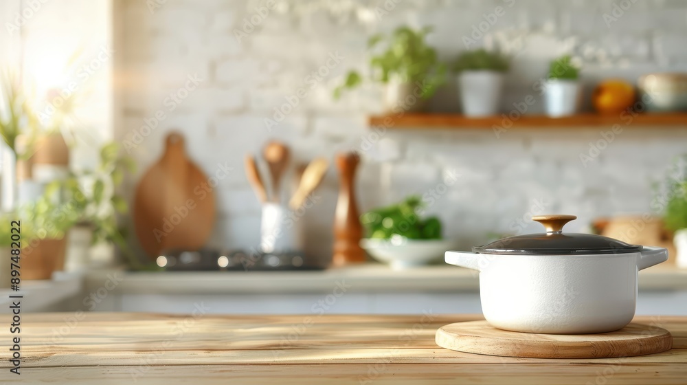 A cozy kitchen setup with a white pot on a wooden countertop, surrounded by cutting boards and potted plants on shelves, capturing a warm and homely feel. A cozy kitchen setup with a white pot on a wooden countertop, surrounded by cutting boards and potted plants on shelves, capturing a warm and homely feel.