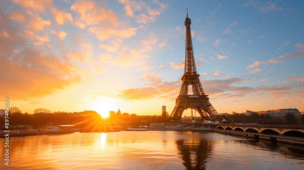 Naklejka premium The Eiffel Tower illuminated by the golden hues of sunset, with a scenic view of the bridge over the river Seine, capturing the enchanting essence of a Parisian evening.