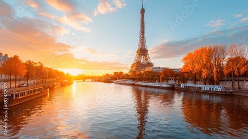 A stunning view of the Eiffel Tower by the river Seine during sunset, with calm waters, colorful sky, and boats along the riverbanks, showcasing Paris's scenic beauty.