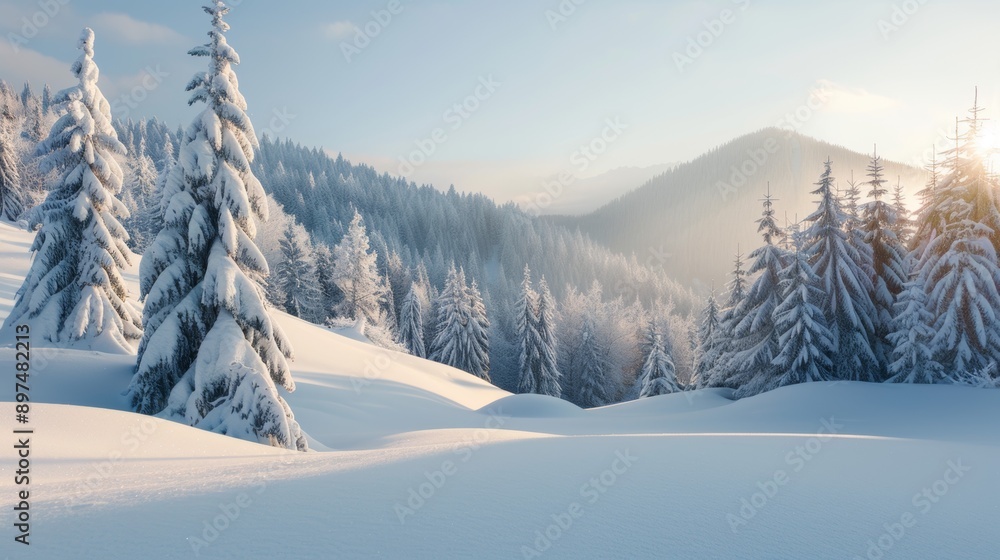 A snowy field with trees in the background A snowy field with trees in the background