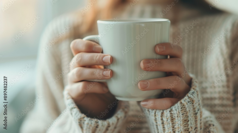 A woman is holding a white coffee mug in her hands A woman is holding a white coffee mug in her hands