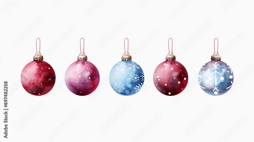 A set of five Christmas ornaments, each with a different color and design A set of five Christmas ornaments, each with a different color and design