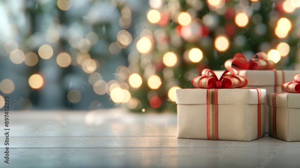Three white boxes with red bows on them are sitting on a wooden table Three white boxes with red bows on them are sitting on a wooden table