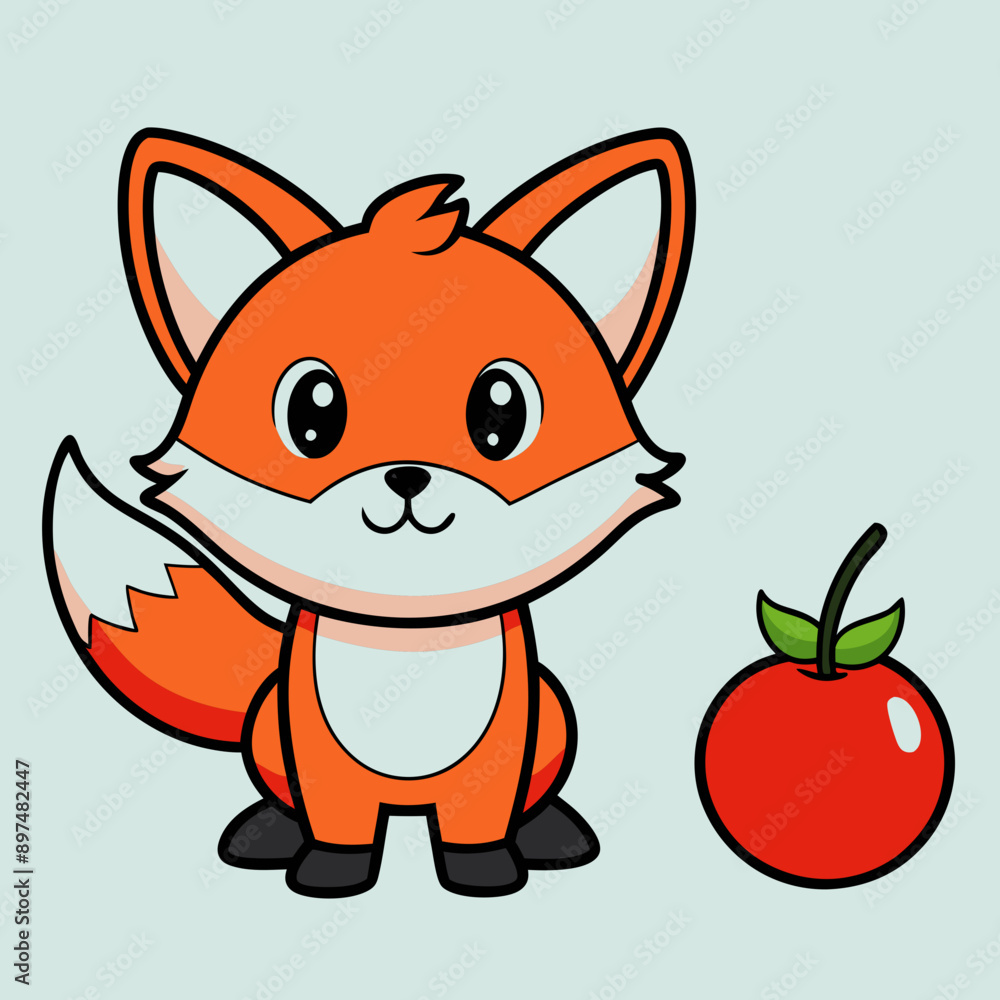 Obraz premium cute fox and tomato vector illustration 