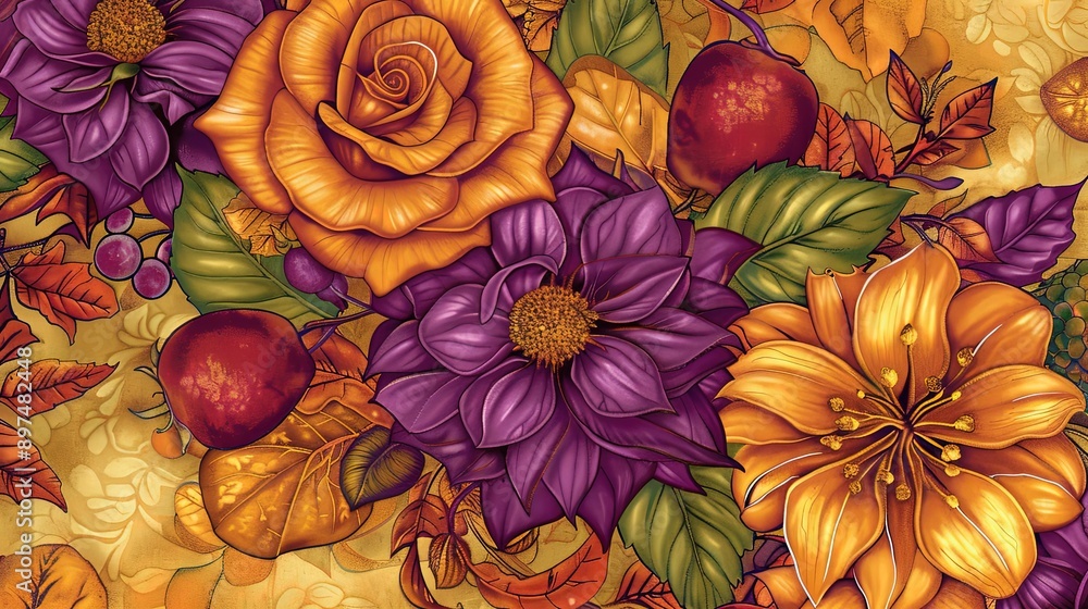 Elegant Renaissance Floral and Vine Design on Muted Background - Rich and Detailed Artwork Elegant Renaissance Floral and Vine Design on Muted Background - Rich and Detailed Artwork