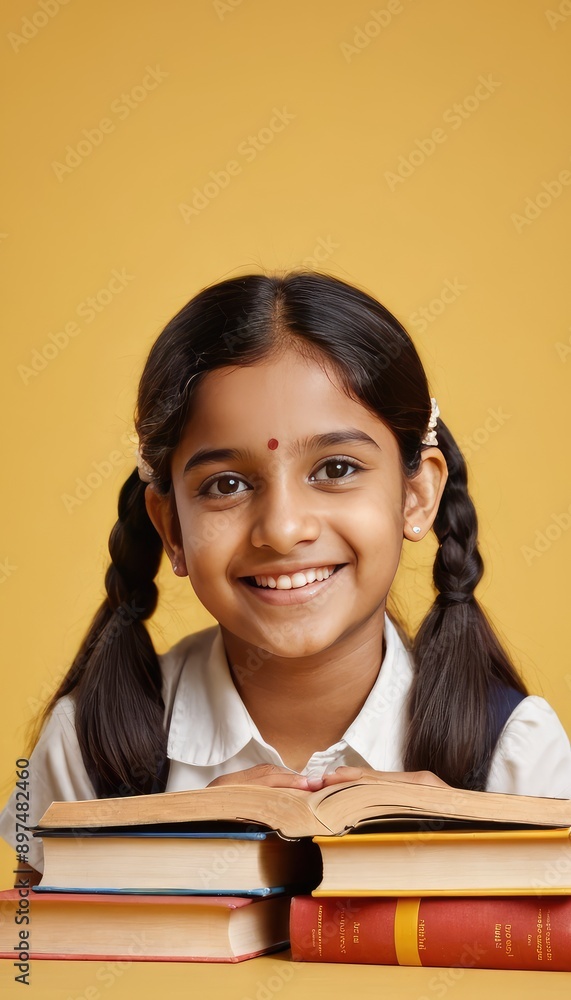 A happy indian schoolgirl with a book and backpack, dressed in a shirt, smiles warmly against a yellow background, embodying the positive spirit of school and learning A happy indian schoolgirl with a book and backpack, dressed in a shirt, smiles warmly against a yellow background, embodying the positive spirit of school and learning