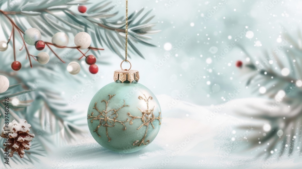 A Christmas ornament hanging from a tree branch A Christmas ornament hanging from a tree branch