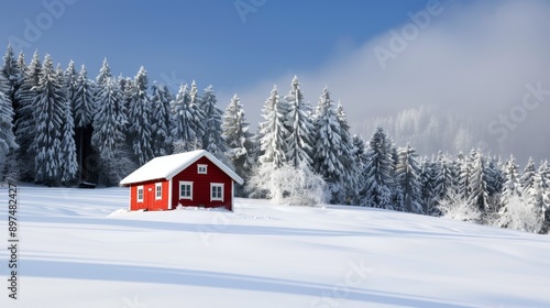 A red cabin is in the snow, surrounded by trees