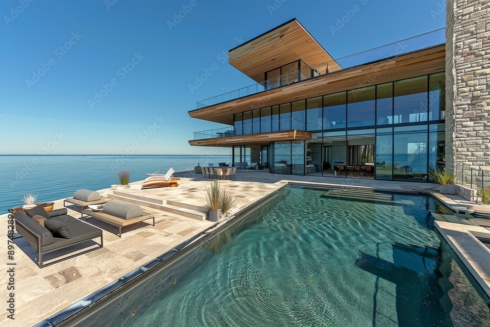 Fototapeta premium Luxurious poolside with modern architecture, ocean view, and natural light, creating a serene and inviting atmosphere