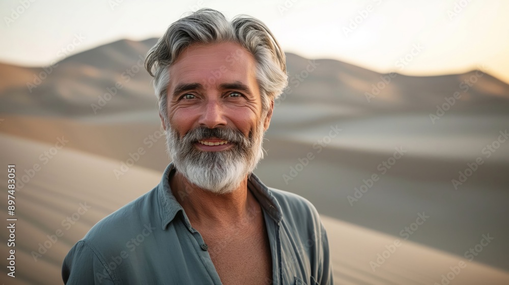Smiling Senior Man in Desert - A senior man with a friendly smile in a desert landscape at sunset, perfect for projects on aging, happiness, and natural beauty. Smiling Senior Man in Desert - A senior man with a friendly smile in a desert landscape at sunset, perfect for projects on aging, happiness, and natural beauty.