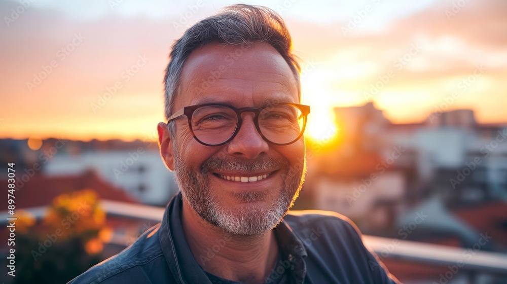 Smiling Senior Man at Sunset - A senior man smiling with a sunset cityscape in the background, ideal for projects on aging, happiness, and urban life. Smiling Senior Man at Sunset - A senior man smiling with a sunset cityscape in the background, ideal for projects on aging, happiness, and urban life.