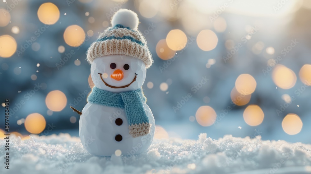A snowman with a blue scarf and a hat is smiling A snowman with a blue scarf and a hat is smiling