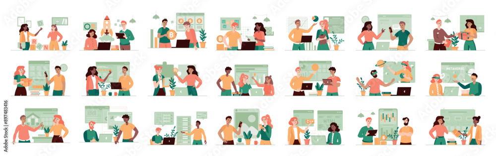 Bundle of green concepts with people scene in flat cartoon design. A large selection of colorful images showing men and women in various life situations. Vector illustration. Bundle of green concepts with people scene in flat cartoon design. A large selection of colorful images showing men and women in various life situations. Vector illustration.
