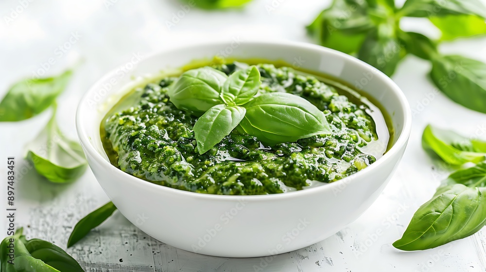 Fresh Basil Pesto in a White Bowl Fresh Basil Pesto in a White Bowl